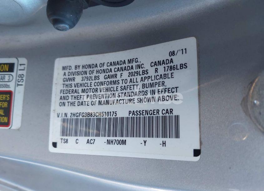 Photo 9 of 2012 Honda Civic EX (VIN 2HGFG3B83CH510175)