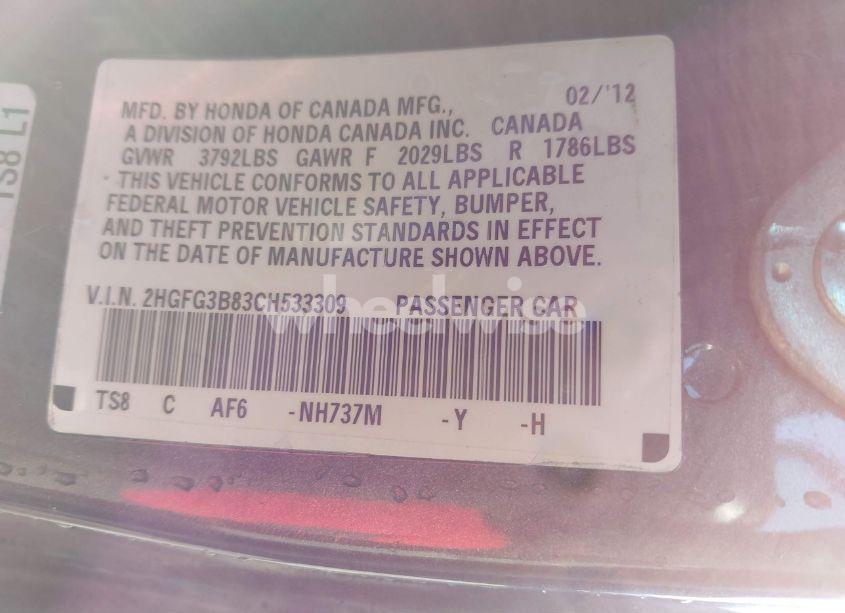 Photo 9 of 2012 Honda Civic EX (VIN 2HGFG3B83CH533309)