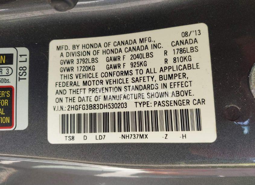 Photo 9 of 2013 Honda Civic EX (VIN 2HGFG3B83DH530203)