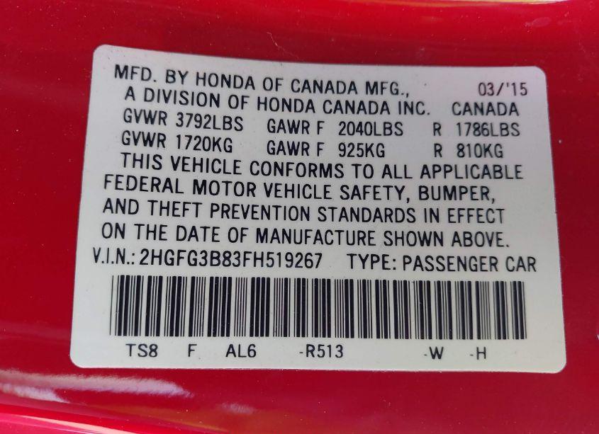 Photo 9 of 2015 Honda Civic EX (VIN 2HGFG3B83FH519267)