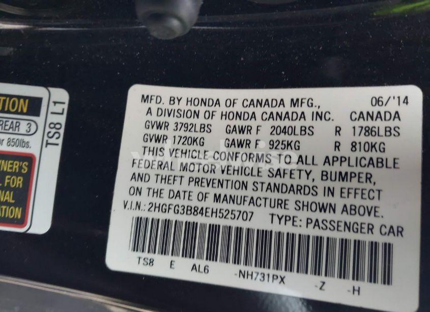 Photo 9 of 2014 Honda Civic EX (VIN 2HGFG3B84EH525707)