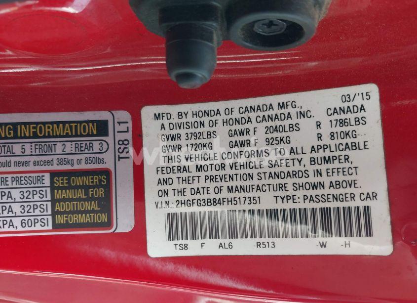 Photo 9 of 2015 Honda Civic EX (VIN 2HGFG3B84FH517351)