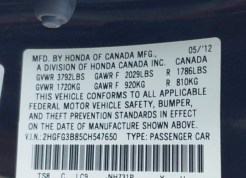 Photo 9 of 2012 Honda Civic EX (VIN 2HGFG3B85CH547650)