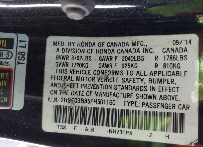 Photo 9 of 2015 Honda Civic EX (VIN 2HGFG3B85FH501160)