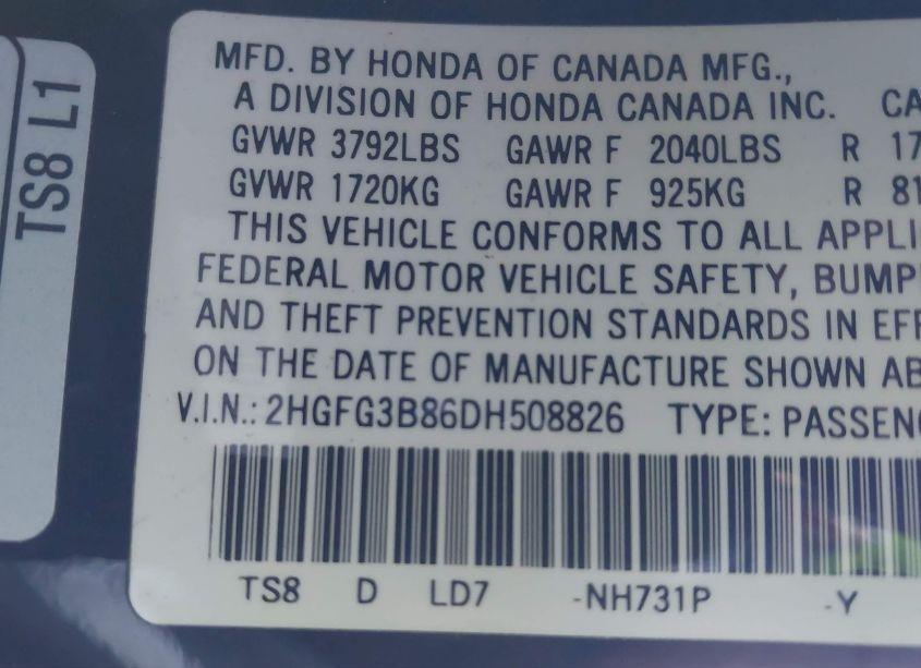 Photo 9 of 2013 Honda Civic EX (VIN 2HGFG3B86DH508826)