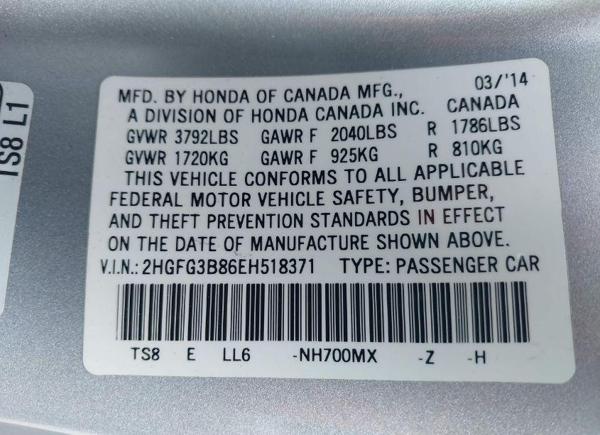 Photo 9 of 2014 Honda Civic EX (VIN 2HGFG3B86EH518371)