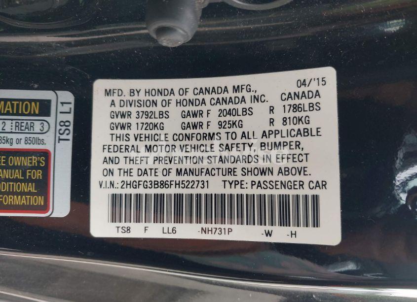 Photo 9 of 2015 Honda Civic EX (VIN 2HGFG3B86FH522731)