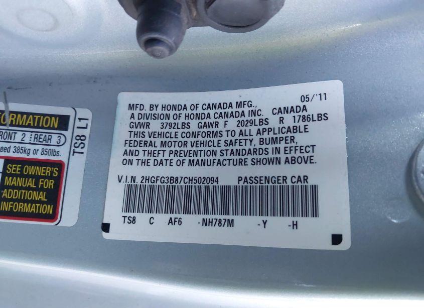 Photo 9 of 2012 Honda Civic EX (VIN 2HGFG3B87CH502094)