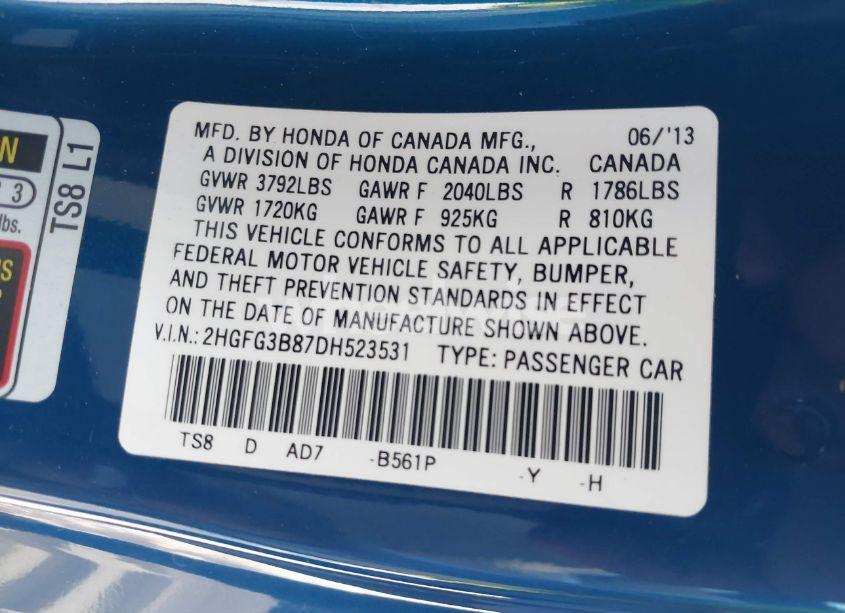 Photo 9 of 2013 Honda Civic EX (VIN 2HGFG3B87DH523531)