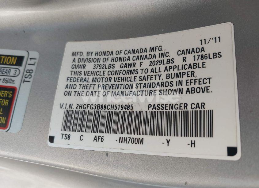 Photo 9 of 2012 Honda Civic CPE (VIN 2HGFG3B88CH519485)