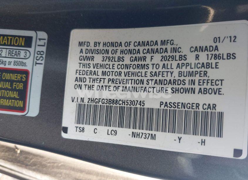 Photo 9 of 2012 Honda Civic EX (VIN 2HGFG3B88CH530745)