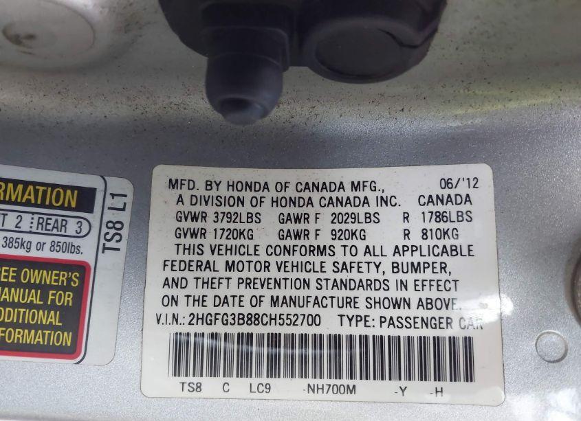 Photo 9 of 2012 Honda Civic EX (VIN 2HGFG3B88CH552700)