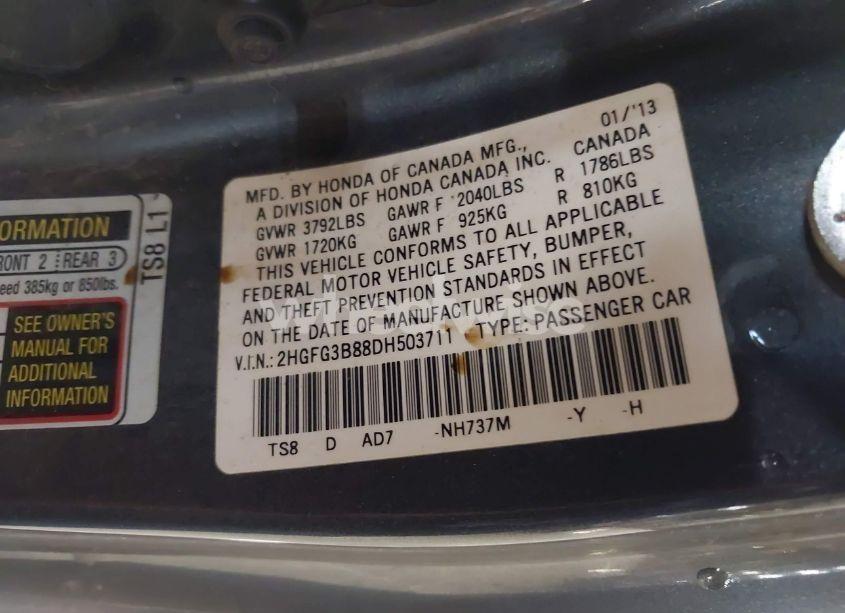 Photo 9 of 2013 Honda Civic EX (VIN 2HGFG3B88DH503711)