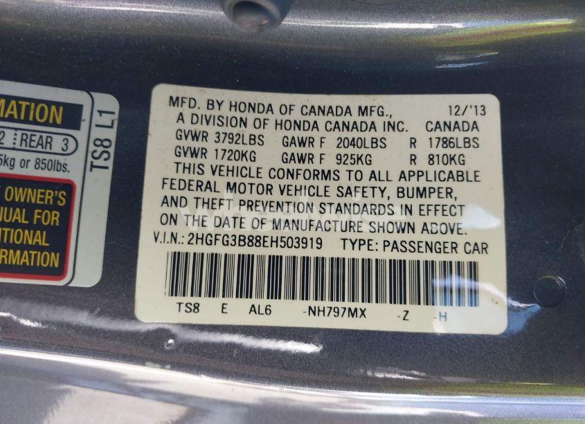 Photo 9 of 2014 Honda Civic EX (VIN 2HGFG3B88EH503919)