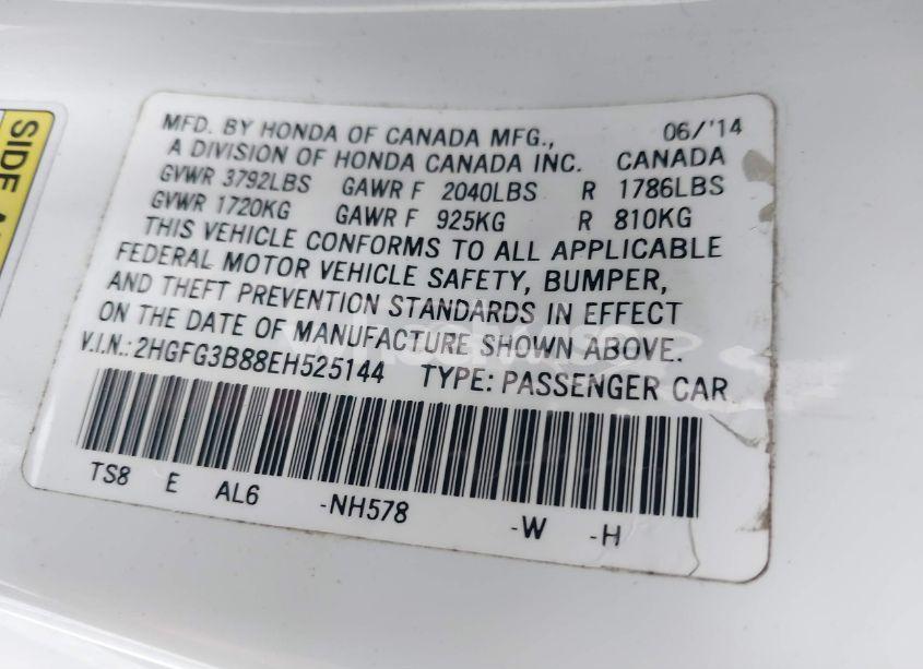 Photo 9 of 2014 Honda Civic EX (VIN 2HGFG3B88EH525144)