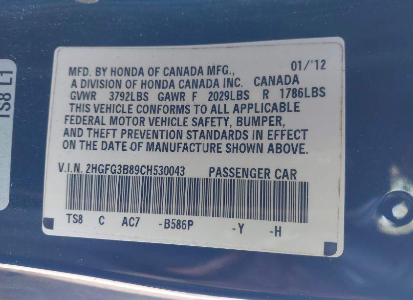 Photo 9 of 2012 Honda Civic CPE EX (VIN 2HGFG3B89CH530043)