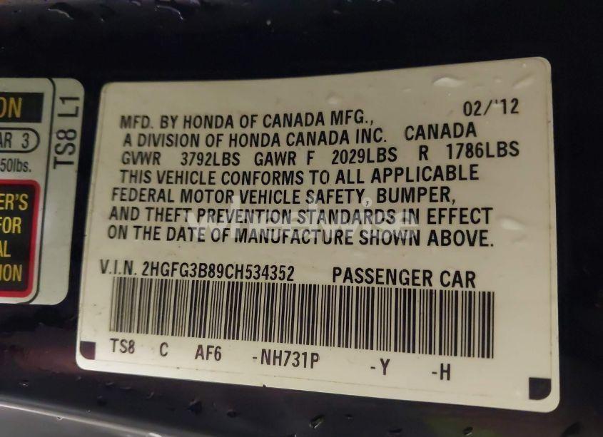 Photo 9 of 2012 Honda Civic EX (VIN 2HGFG3B89CH534352)