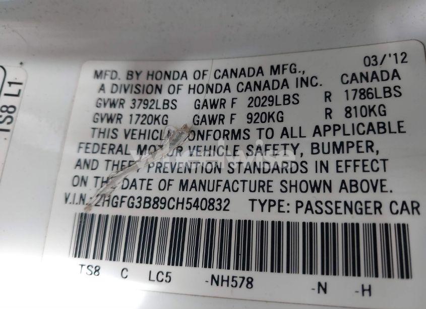 Photo 9 of 2012 Honda Civic CPE EX (VIN 2HGFG3B89CH540832)