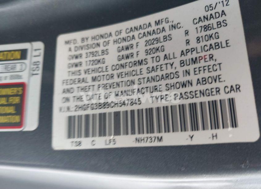 Photo 9 of 2012 Honda Civic EX (VIN 2HGFG3B89CH547845)