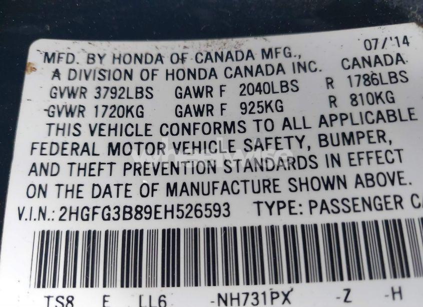 Photo 9 of 2014 Honda Civic EX (VIN 2HGFG3B89EH526593)