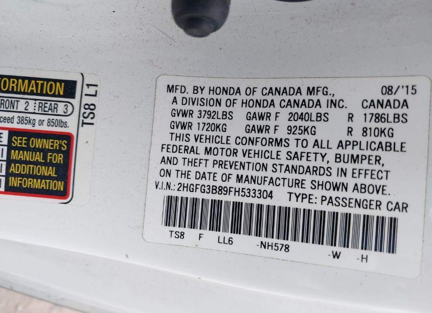 Photo 9 of 2015 Honda Civic EX (VIN 2HGFG3B89FH533304)