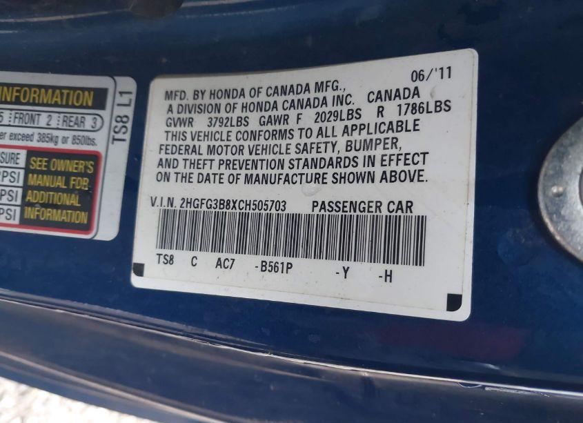 Photo 9 of 2012 Honda Civic CPE EX (VIN 2HGFG3B8XCH505703)