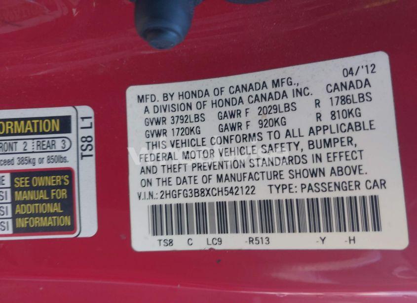 Photo 9 of 2012 Honda Civic CPE EX (VIN 2HGFG3B8XCH542122)