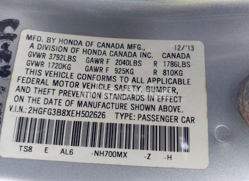 Photo 9 of 2014 Honda Civic EX (VIN 2HGFG3B8XEH502626)