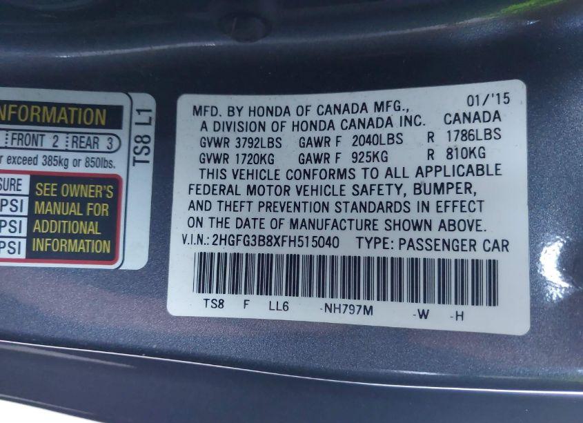 Photo 9 of 2015 Honda Civic EX (VIN 2HGFG3B8XFH515040)