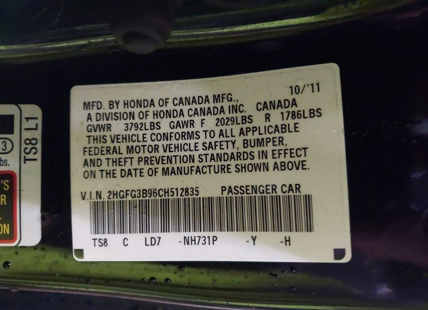 Photo 9 of 2012 Honda Civic EX-L (VIN 2HGFG3B96CH512835)