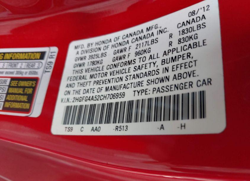 Photo 9 of 2012 Honda Civic SI (VIN 2HGFG4A52CH706959)