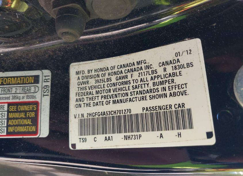 Photo 9 of 2012 Honda Civic SI (VIN 2HGFG4A53CH701270)