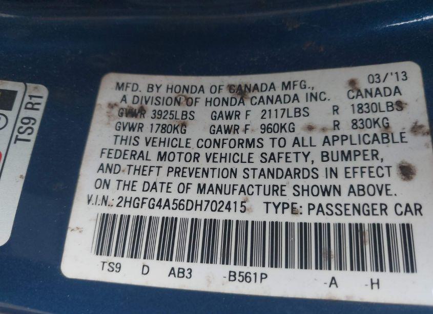 Photo 9 of 2013 Honda Civic SI (VIN 2HGFG4A56DH702415)