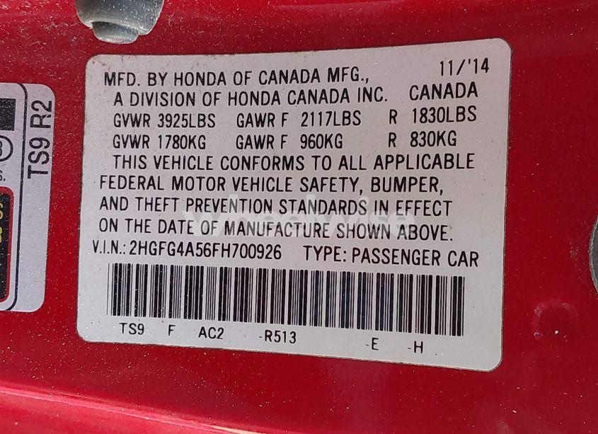 Photo 9 of 2015 Honda Civic SI (VIN 2HGFG4A56FH700926)