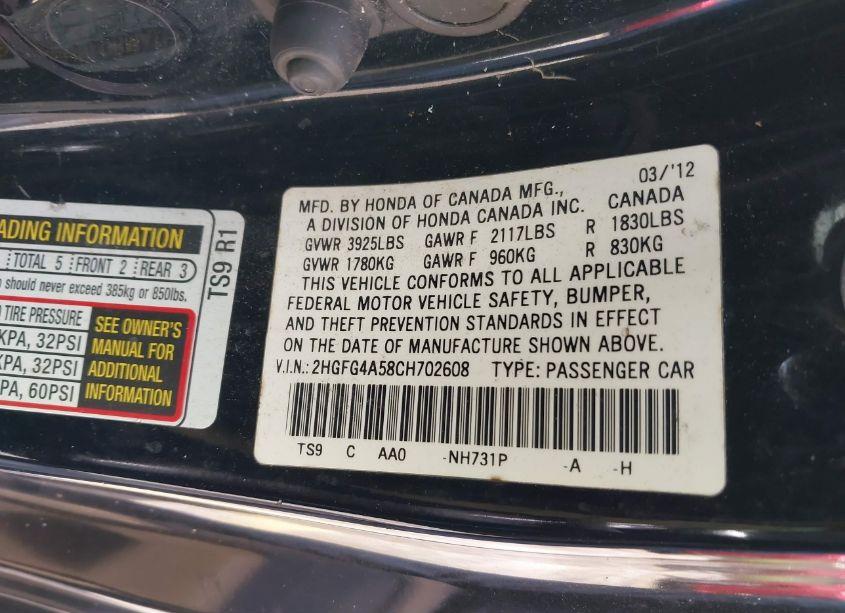 Photo 9 of 2012 Honda Civic SI (VIN 2HGFG4A58CH702608)