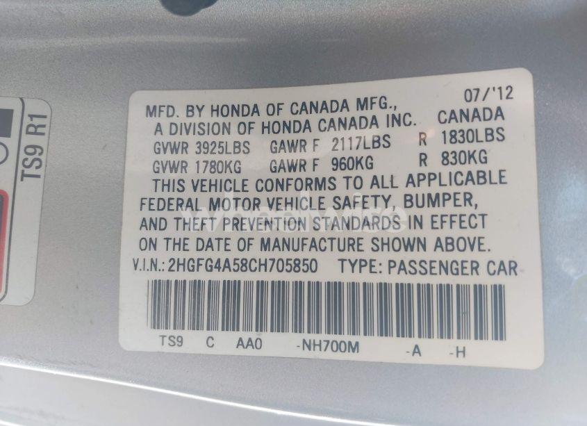 Photo 9 of 2012 Honda Civic SI (VIN 2HGFG4A58CH705850)