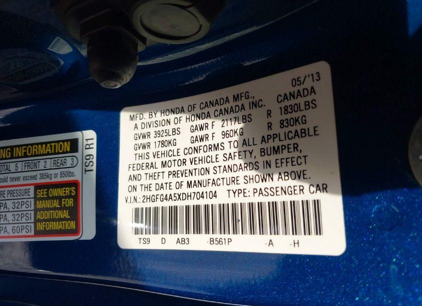 Photo 9 of 2013 Honda Civic SI (VIN 2HGFG4A5XDH704104)