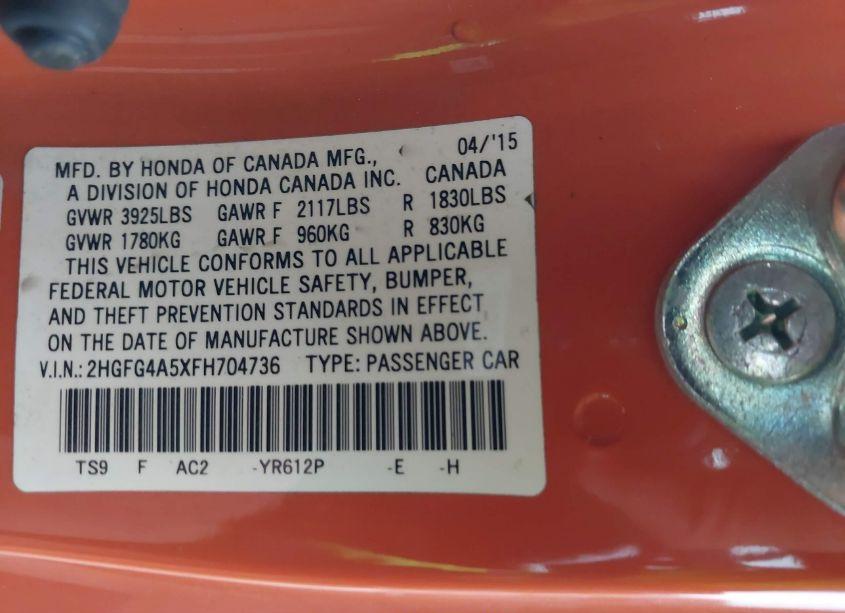 Photo 9 of 2015 Honda Civic SI (VIN 2HGFG4A5XFH704736)
