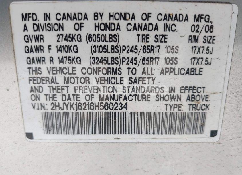 Photo 9 of 2006 Honda Ridgeline RT (VIN 2HJYK16216H560234)