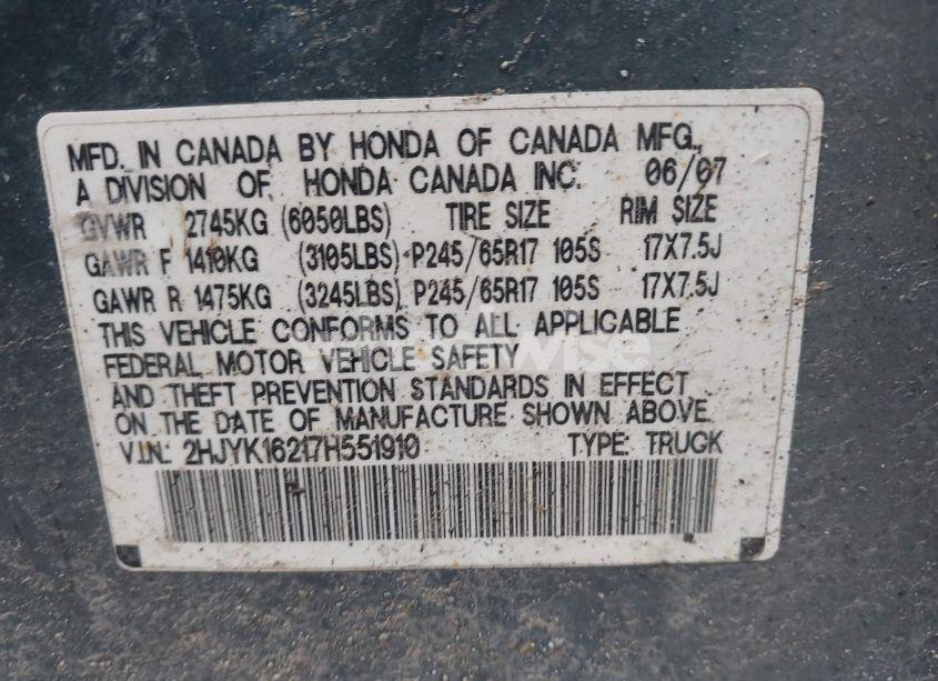 Photo 9 of 2007 Honda Ridgeline RT (VIN 2HJYK16217H551910)