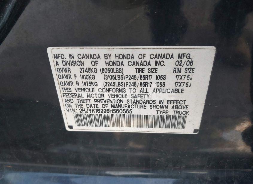 Photo 9 of 2006 Honda Ridgeline RT (VIN 2HJYK16226H560565)