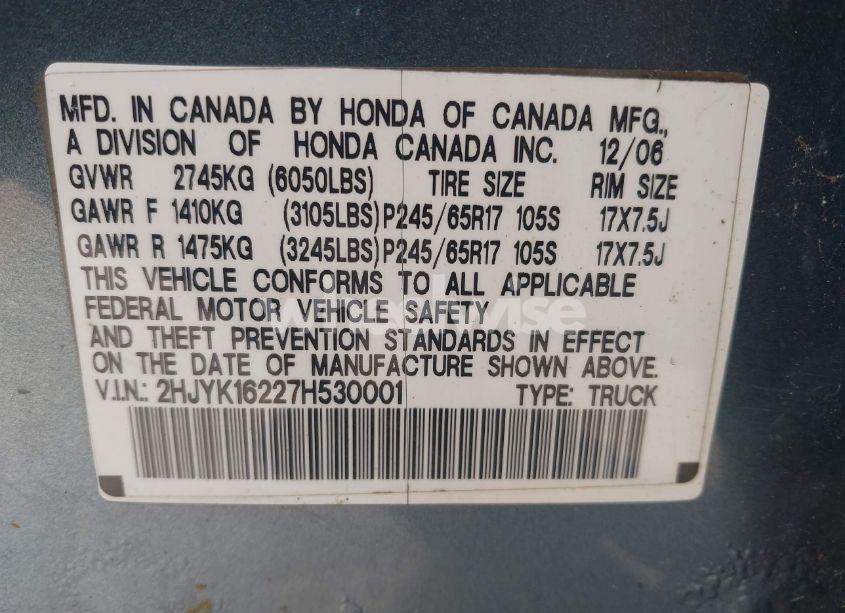 Photo 9 of 2007 Honda Ridgeline RT (VIN 2HJYK16227H530001)