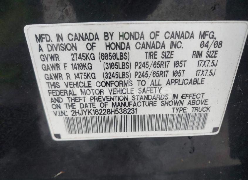 Photo 9 of 2008 Honda Ridgeline RT (VIN 2HJYK16228H538231)