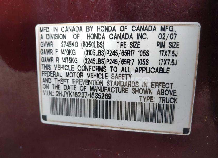 Photo 9 of 2007 Honda Ridgeline RT (VIN 2HJYK16237H535269)