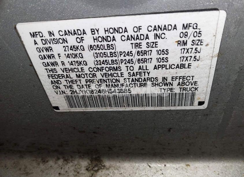 Photo 9 of 2006 Honda Ridgeline RT (VIN 2HJYK16246H543685)