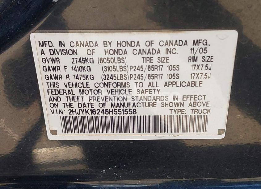 Photo 9 of 2006 Honda Ridgeline RT (VIN 2HJYK16246H551558)