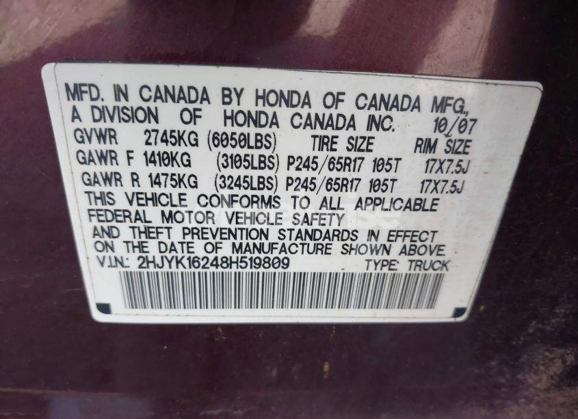 Photo 9 of 2008 Honda Ridgeline RT (VIN 2HJYK16248H519809)