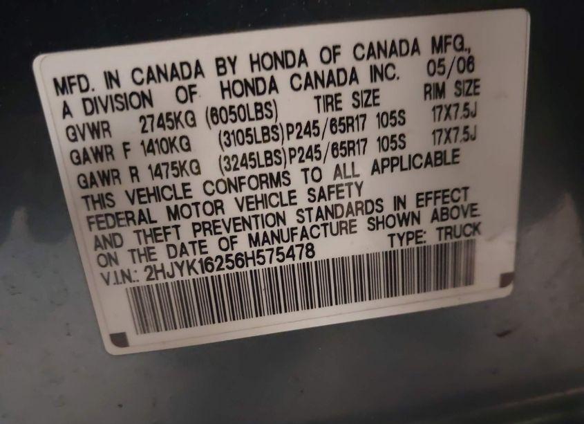 Photo 9 of 2006 Honda Ridgeline RT (VIN 2HJYK16256H575478)