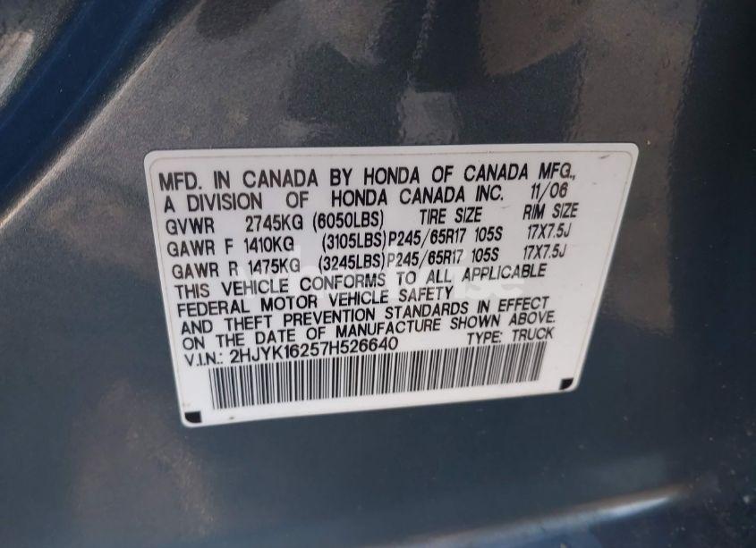 Photo 9 of 2007 Honda Ridgeline RT (VIN 2HJYK16257H526640)