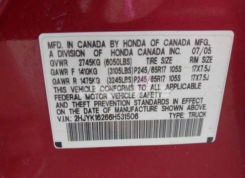 Photo 9 of 2006 Honda Ridgeline RT (VIN 2HJYK16266H531506)